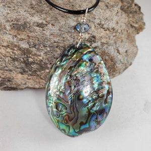 Large Pink Purple Abalone Pendant, Paua shell puffed Oval large statement necklace, iridescent blue green tropical island beach jewelry