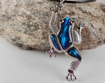 Abalone frog pendant,  Paua shell blue green tropical beach animal lover jewelry. Sea creature jewelry.