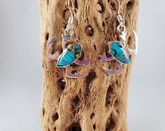 Frog earrings with genuine turquoise.   Sterling silver frog earrings with turquoise inlay.