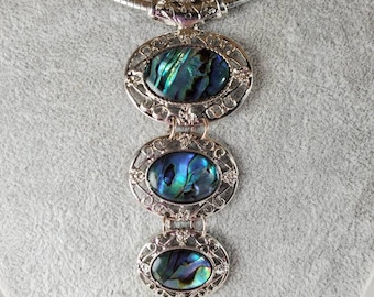 3 tiered Abalone pendant, silver-plated Paua Shell oval statement piece, iridescent blue green Y necklace art nouveau style tropical beach