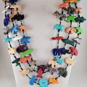 Kachina doll triple fetish necklace. Bear triple strand fetish necklace. Little animals fetish necklace. South western design necklace.