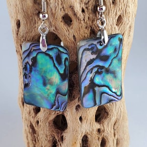 May include: A pair of iridescent abalone shell earrings with silver hooks. The earrings are rectangular in shape and have a blue, green, and purple color scheme.