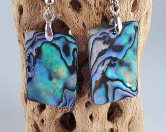 Rectangular abalone earrings.  Dangly abalone earrings.  Blue/green color abalone earrings.