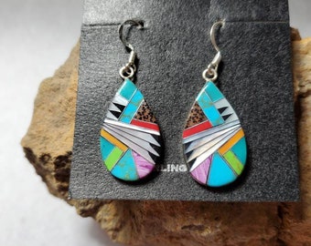 Turquoise earrings.  Inlayed earrings.  Multi color earrings.  Sterling earrings.  Inlayed earrings with multi color stones.