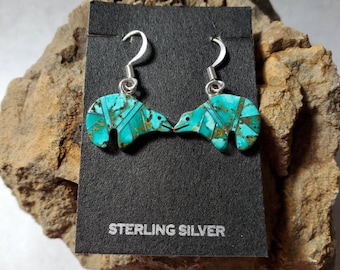 Turquoise inlayed earrings.  Bear inlayed earrings. Sterling silver Inlayed earrings. Bear design sterling earrings. Turquoise bear earrings