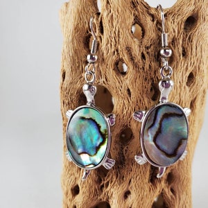 Turtle earrings.  Turtle shaped abalone earrings. Paua shell earrings.