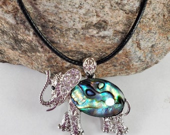 Abalone elephant pendant, silver-plated Paua Shell rhinestone crystal iridescent blue green beach tropical animal lover gift