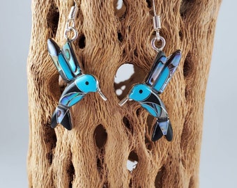 Hummingbird inlay earrings.  Abalone, turquoise, and onyx inlay earrings.  Turquoise hummingbird earrings.