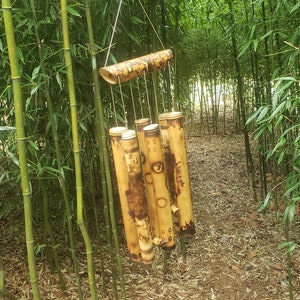 jumbo bamboo wind chime set with tiki man flame art, natural organic tropical island beach garden porch art, cool earthy zen sound, USA made