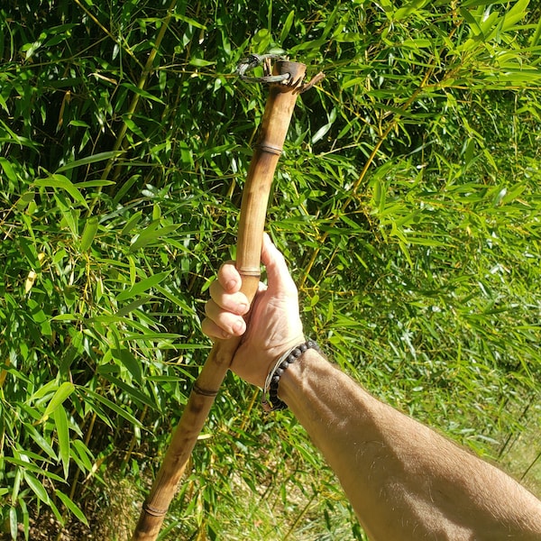 natural bent bamboo hiking staff, lightweight durable 65" walking stick, zen made in USA,  trekking pole for outdoor nature LARP adventures