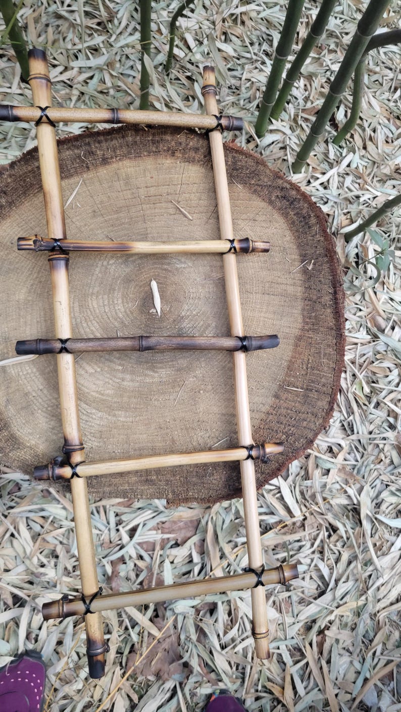 May include: A small, handcrafted bamboo ladder with four rungs, connected with black twine. The ladder rests on a large, circular wooden slice. The bamboo has a natural, light brown color with darker, burnt accents.