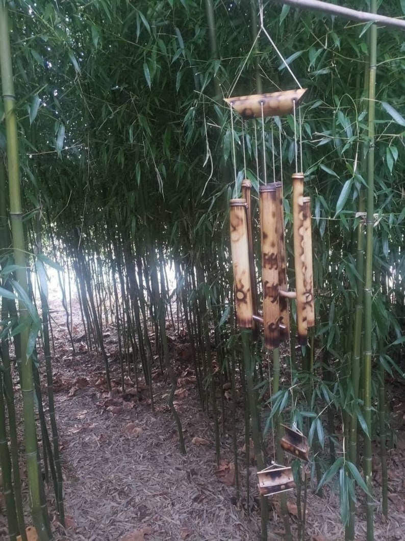 May include: A hanging wind chime constructed from multiple hollow bamboo tubes of varying lengths. The natural tan bamboo features dark brown scorched markings and etched sun-like circular patterns. The tubes are suspended by thin white cords.
