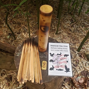 May include: A set of American Kau Chim fortune telling sticks with a bamboo storage tube. The sticks are numbered 1-9 and have a black and white spirit animal haiku oracle card with a squirrel, deer, frog, turtle, spider, rabbit, fish, and bird.