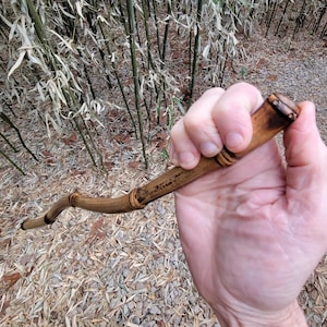 May include: A curved walking stick made of natural bamboo with a brown and natural finish. The stick is held in a hand with the tip of the stick pointing upwards.