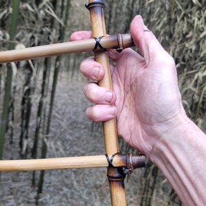 May include: A handcrafted bamboo ladder with a natural finish. The ladder's vertical supports are connected by horizontal rungs, secured with black twine. The bamboo has a gradient of colors, from light tan to dark brown. The background is a bamboo forest.