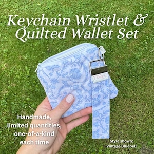 Vintage Bluebell Reverie Keychain Wristlet And Quilted Keychain Wallet Coin Purse Zipper Pouch Set