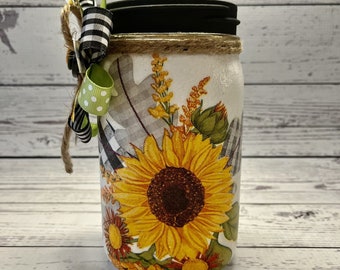 Fall Sunflower Mason Jar: Farmhouse Buffalo Check Decor