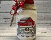 RED BARN LOVER, Red Barn, Christmas Decor, Christmas Gift, Christmas Canister, Mason Jar Decor, Glass Storage, Candy Jar, Tea Jar, Decoupage