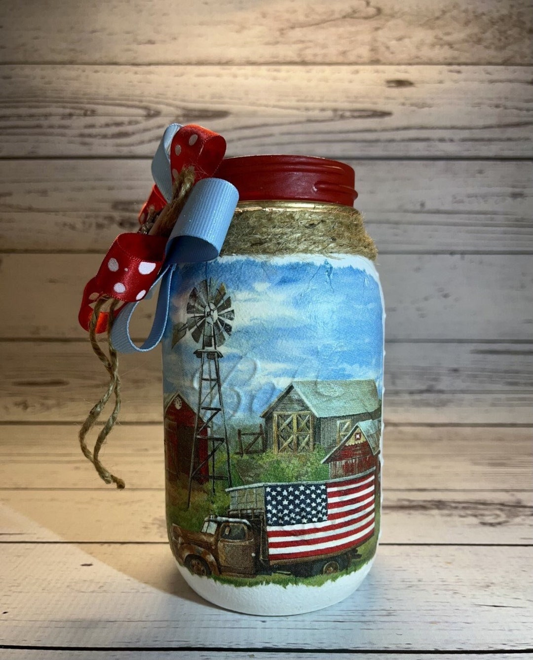 Patriotic Mason Jar: American Flag Truck, Barn Decoupage, 4th of July ...