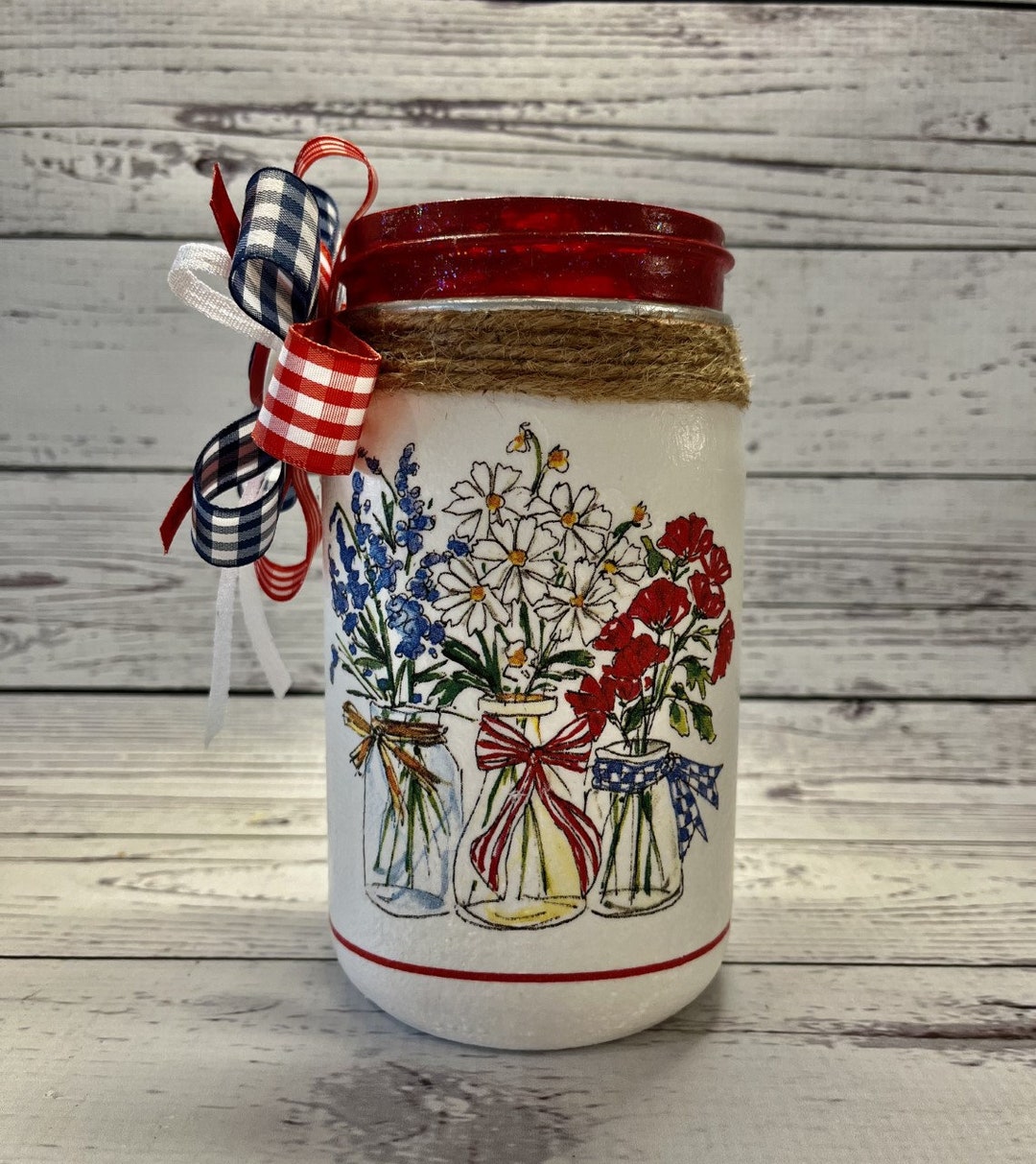 Patriotic Flower Bouquet Mason Jar: 4th of July Decor - Etsy