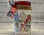 4th of July Patriotic Independence Day Red White and Blue Flower Bouquet Quart Mason Jar