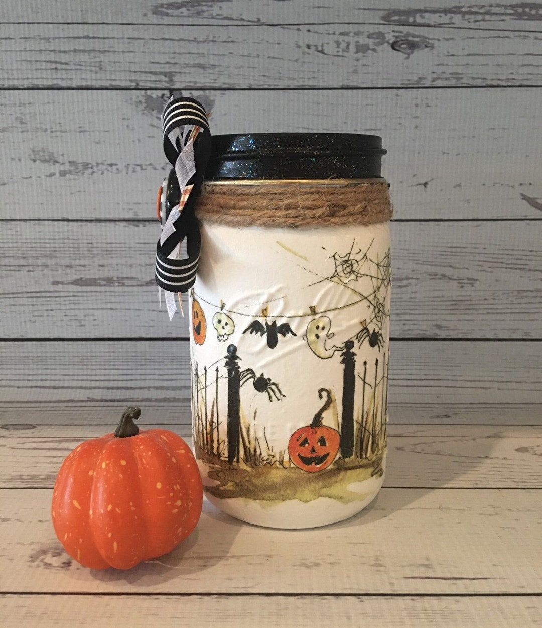 HALLOWEEN PUMPKINS Glass Jar Halloween Canister Halloween Gift Ghost Bats Mason Jar Decor Candy ...