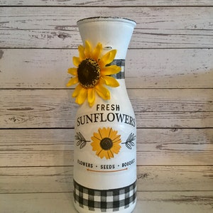 FARM FRESH SUNFLOWERS Sunflower Decor Buffalo Check Glass Vase Glass Carafe Glass Pitcher Decoupage Sunflower Lover Birthday Gift