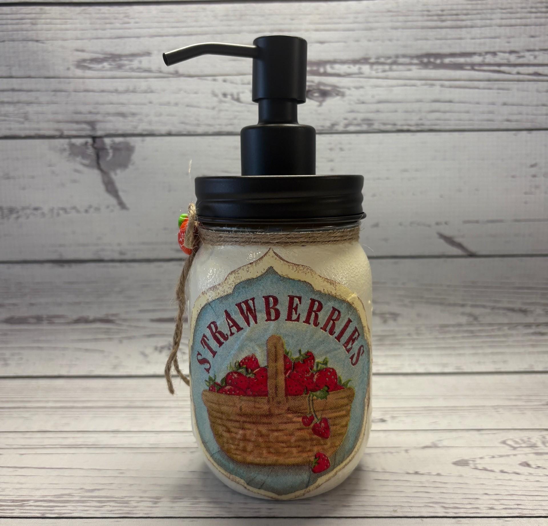STRAWBERRY LOVER, Strawberries, Kitchen Decor, Soap Dispensers, Olive Oil Dispenser, Mason Jars, Bathroom Decor, Decoupage, Birthday Gift