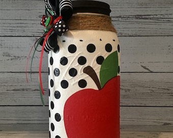 TEACHER APPLE Glass Container Glass Vase Pencil Holder Mason Jar Decor Candy Jar Treats Jar Teacher Gifts