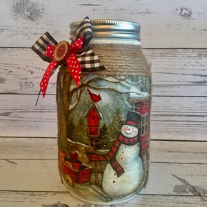 SNOWMAN LOVER, Snowman Canister, Snowman Gift, Snowman Jar, Snowman Decor, Christmas Decor, Christmas Gift, Mason Jar Decor, Decoupage