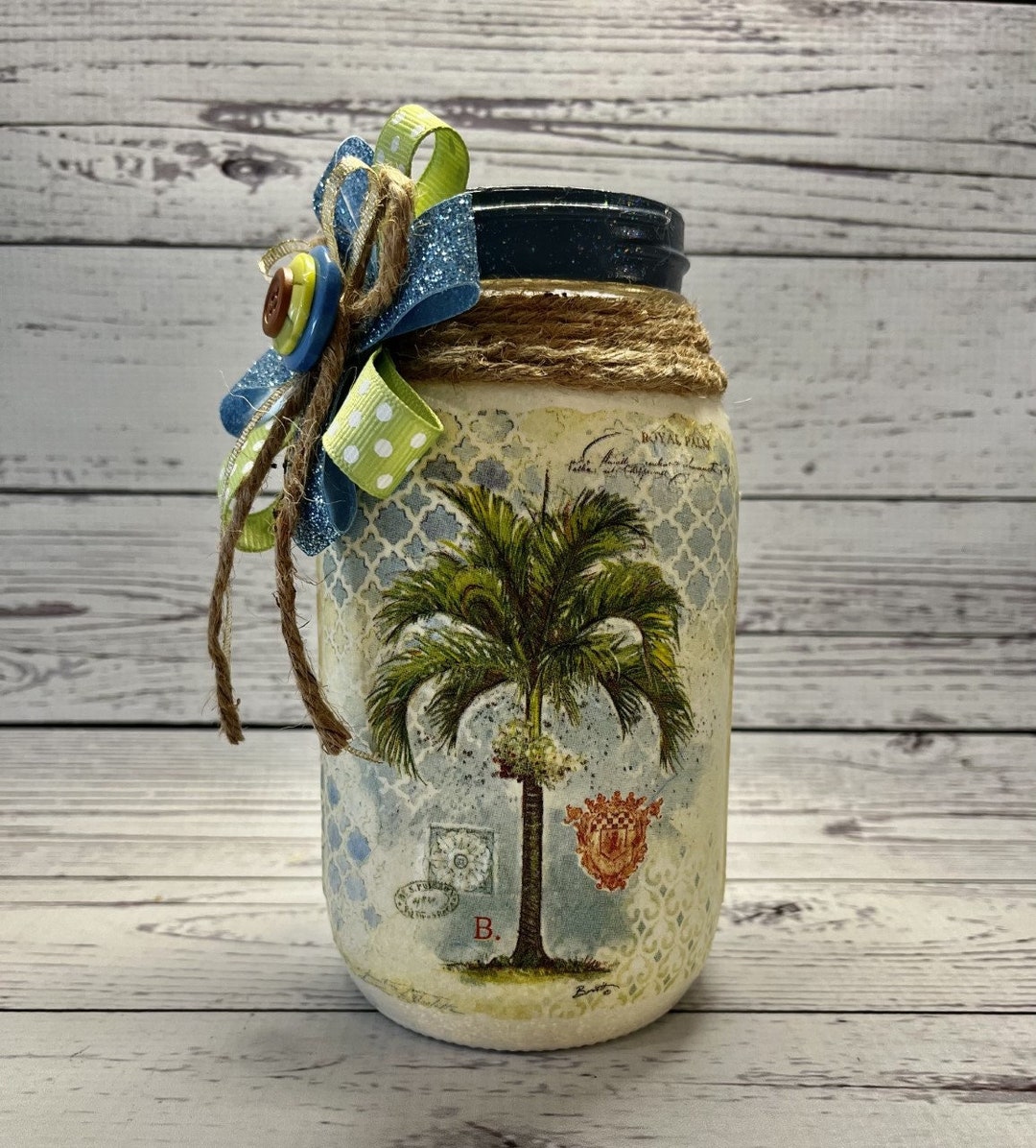 PALM TREE, Beach Decor, SW Decor, Mason Jar, Glass Vase, Glass