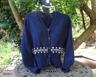 1940s STYLE HANDKNIT CARDIGAN-Navy and White Size 36" Bust