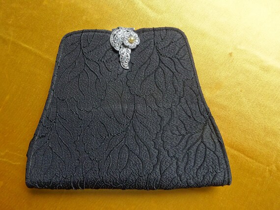 1940s BLACK EVENING BAG-40s Figured Black Fabric B
