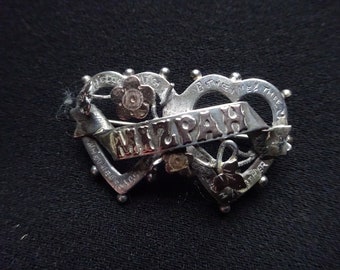 EDWARDIAN MIZPAH BROOCH-Silver and Gold Keepsake Brooch-Double Heart Mizpah Brooch.