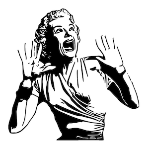 May include: Black and white illustration of a woman with her mouth open in a scream, her hands raised in the air.