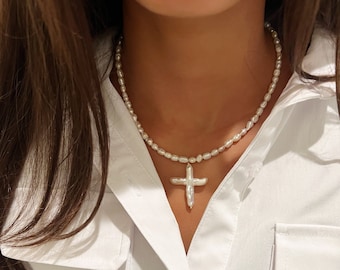 Extra Small Pearl Cross Necklace