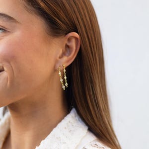 May include: Gold-toned double-strand earrings with small, clear beads. The earrings are dangling and have a delicate design. The earrings are worn on a person's ear, and the background is a plain white.