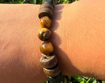 Tiger Eye Wooden Beaded Bracelet Natural Gemstone Stretch Boho Jewelry Gift