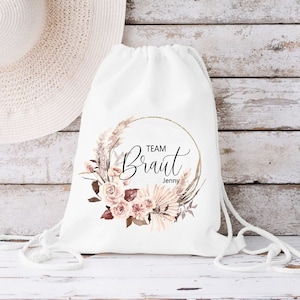 Turnbeutel für Jga Braut Team Braut, 3 verschiedene Taschenvarianten, Stoffbeutel, Rucksack, Tasche personalisiert mit Vorname, Jga Geschenk