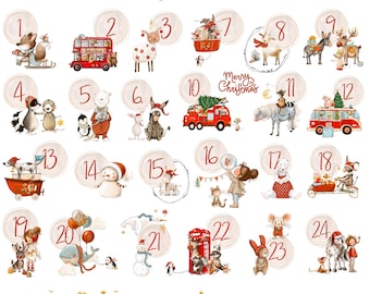 Adventskalender Bügelbilder & Säckchen Set – 24 DTF Bügelmotive oder 24 Baumwollsäckchen 10x15 cm, Weihnachten DIY