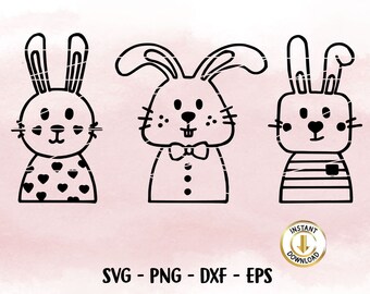 May include: Three black and white bunny illustrations with different designs. One bunny has heart patterns, another wears a bow tie, and the third has a striped shirt. The image includes the text "SVG - PNG - DXF - EPS" and "sprinkle & style".