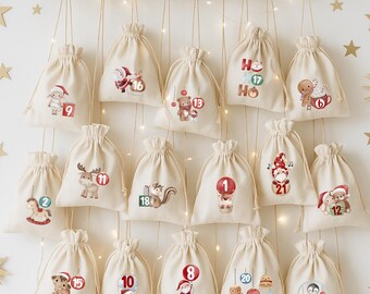 Adventskalender Bügelbilder & Säckchen Set – 24 DTF Bügelmotive oder 24 Baumwollsäckchen 10x15 cm, Weihnachten DIY