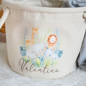 Aufbewahrungskorb Safari Tiere mit Name in Natur oder Grau, Spielzeugaufbewahrung, Kinder Geschenk, Babyzimmer, Kinderzimmer, personalisiert