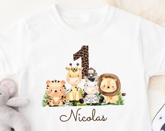 Camiseta de cumpleaños cumpleaños infantil con nombre, plancha safari para planchar, animales termoadhesivos personalizada con nombre, estampado DTF, camiseta decorativa