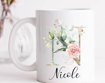 Tasse mit Initial und Name, personalisiert, Keramiktasse Emailletasse, Weihnachtsgeschenk Frauen, Geschenk beste Freundin, Teetasse mit Name