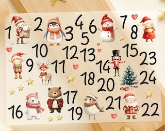 Adventskalender Bügelbilder & Säckchen Set – 24 DTF Bügelmotive oder 24 Baumwollsäckchen 10x15 cm, Weihnachten DIY