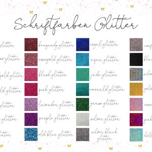 以下が含まれることがあります： 「Schriftfarben Glitter」というテキストが上部に書かれた、さまざまな色のグリッターを示すチャート。色は、白、虹、薄いゴールド、古いゴールド、ゴールド、銅、赤、ボルドー、ローズゴールド、黒、ピンク、ラベンダー、パープル、古いブルー、ロイヤル、アクア、ジェイド、エメラルド、グラス、シルバー、シルバーブラック、コンフェッティ、シルバーホロ、ゴールドホロ、ロザホロ、ピンクホロ、ベルブランホロなどがあります。