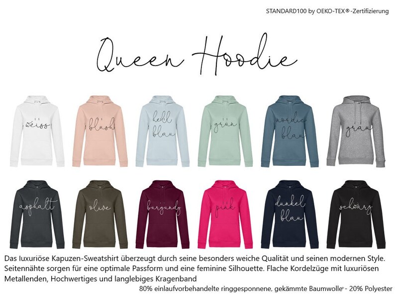 May include: A selection of Queen Hoodies in various colors, including white, pink, and gray. Each hoodie features a drawstring hood and the word "Queen" in cursive. The hoodies are made of a soft material.