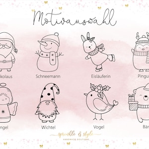May include: Black and white line drawings of eight Christmas-themed characters, including Santa Claus, a snowman, a bunny, a penguin, an angel, a gnome, a bird, and a bear. The word "Motivauswahl" is at the top.