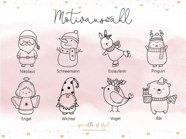 May include: Black and white line drawings of eight Christmas-themed characters, including Santa Claus, a snowman, a bunny, a penguin, an angel, a gnome, a bird, and a bear. The word "Motivauswahl" is at the top.